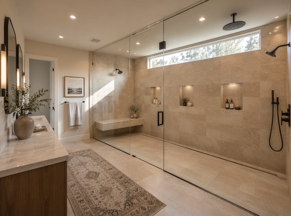 Ducha de pared completa con banco largo y tres nichos