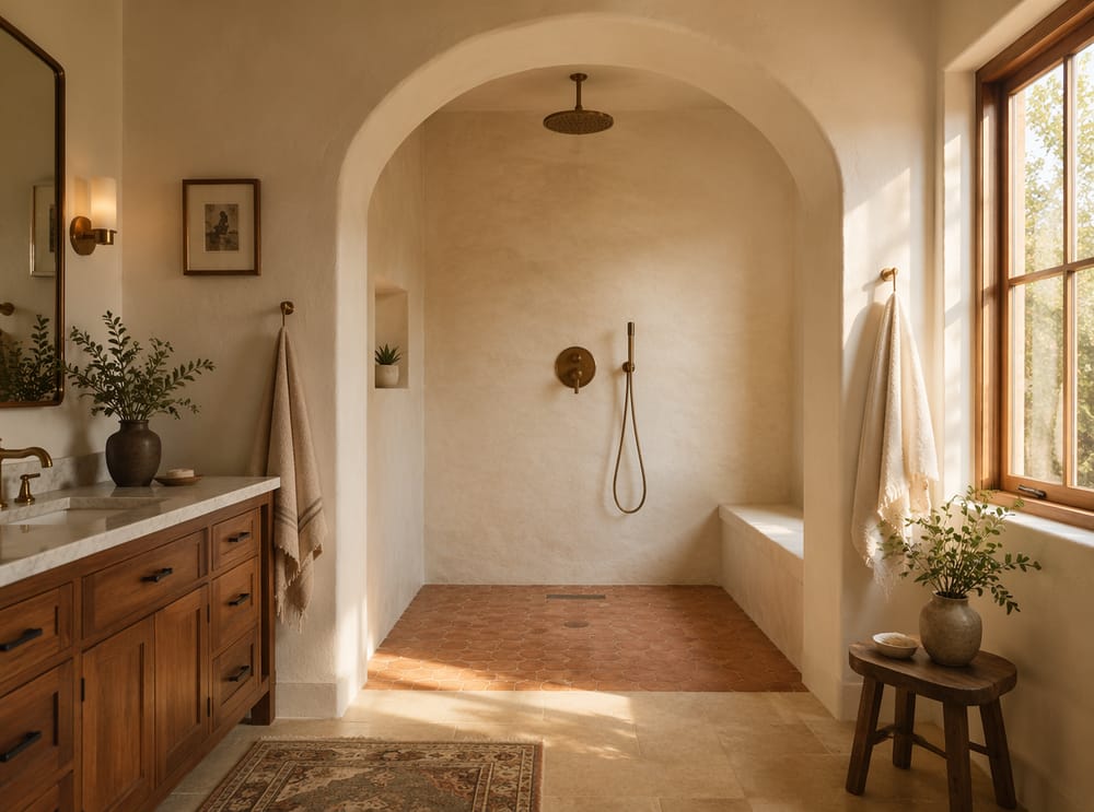Ducha en nicho con arco de yeso, grifería de latón, piso terracota