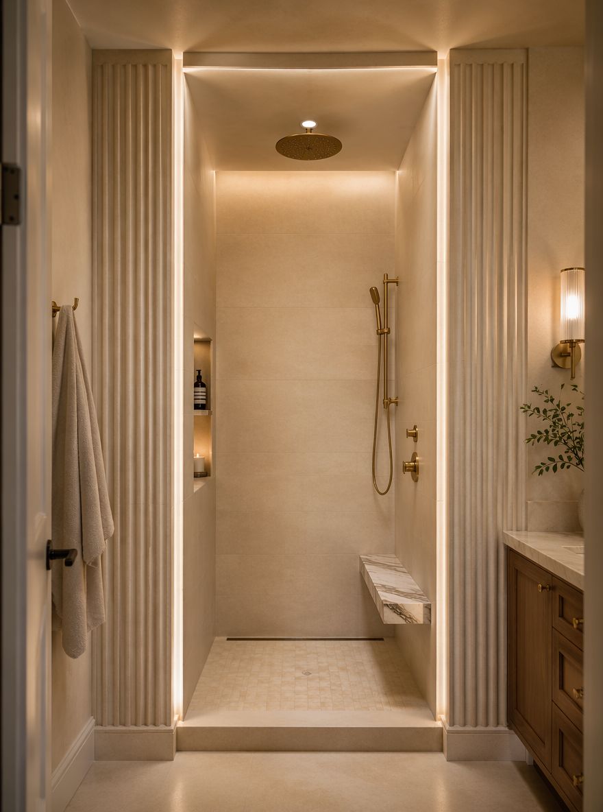 Ducha enmarcada con yeso acanalado, porcelanato crema, grifería de latón