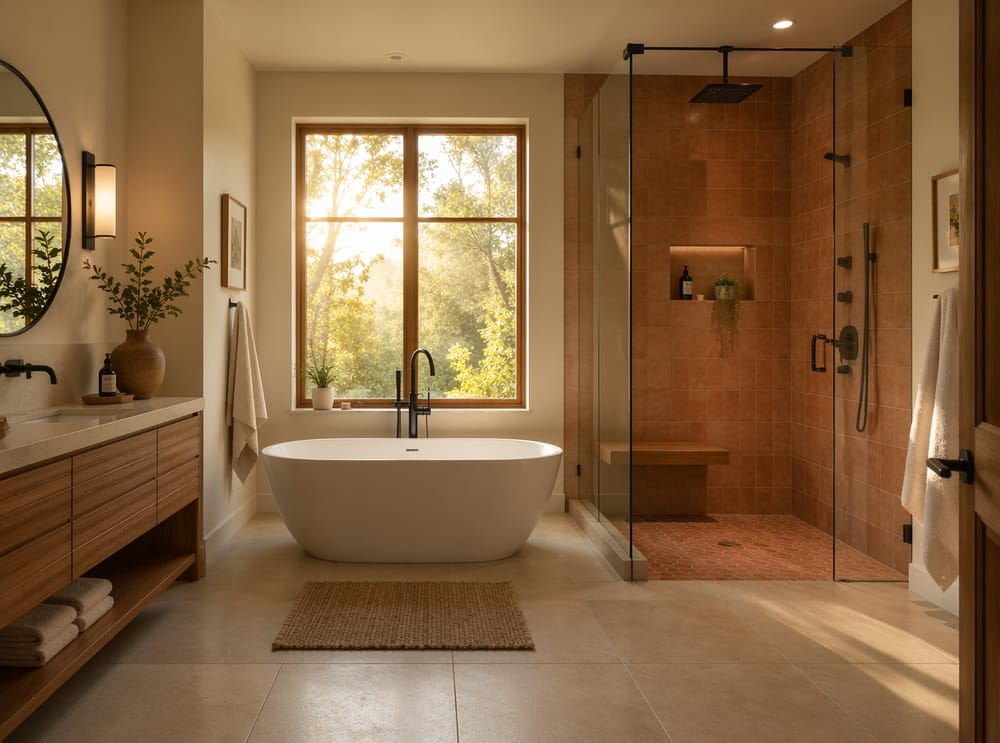 Ducha de porcelanato terracota junto a tina exenta centrada