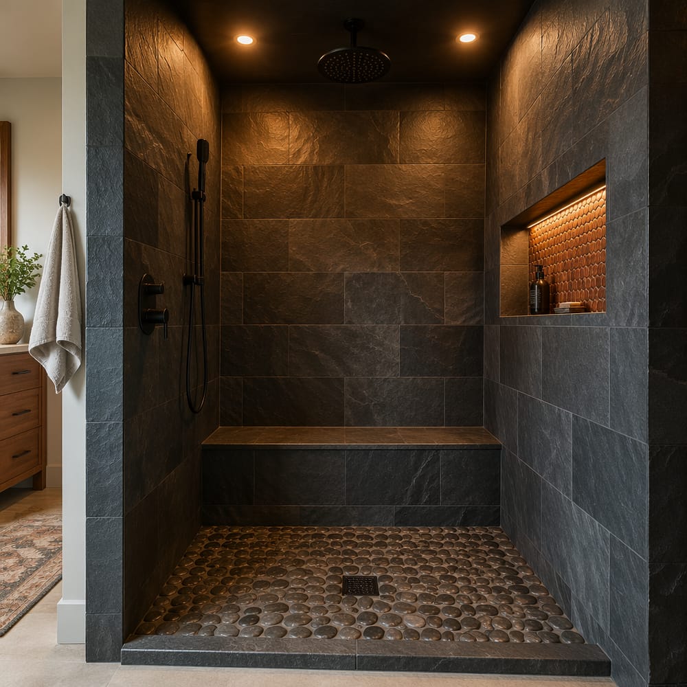 Pizarra antracita, nicho de mosaico cobre, piso de piedras
