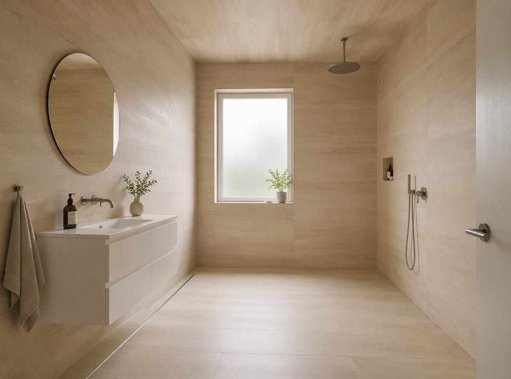 Piastrelle effetto legno su tutte le superfici, anche il soffitto