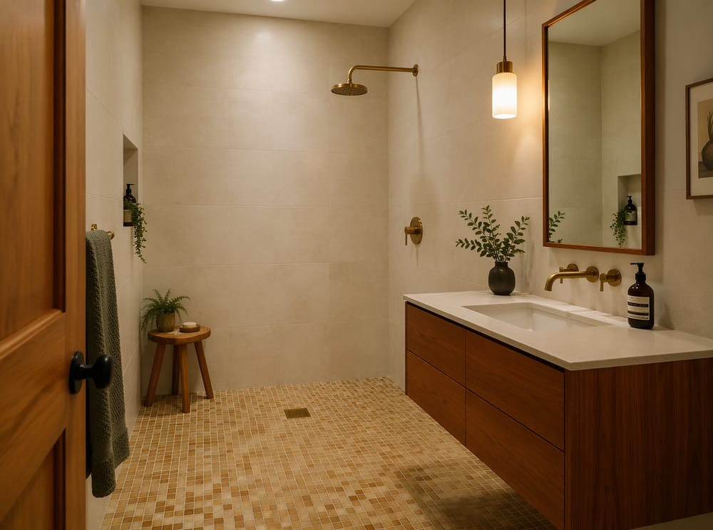 Pavimento in mosaico ambrato, mobile teak e dettagli in ottone