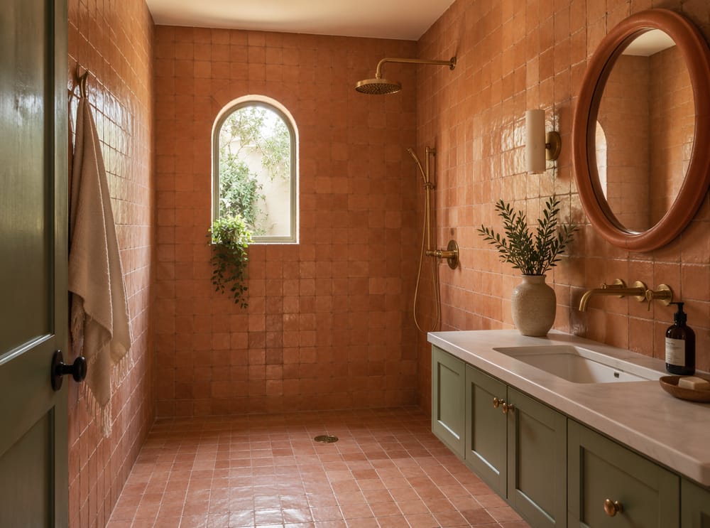 Piastrelle in terracotta fatte a mano su pavimento e pareti, mobile verde salvia