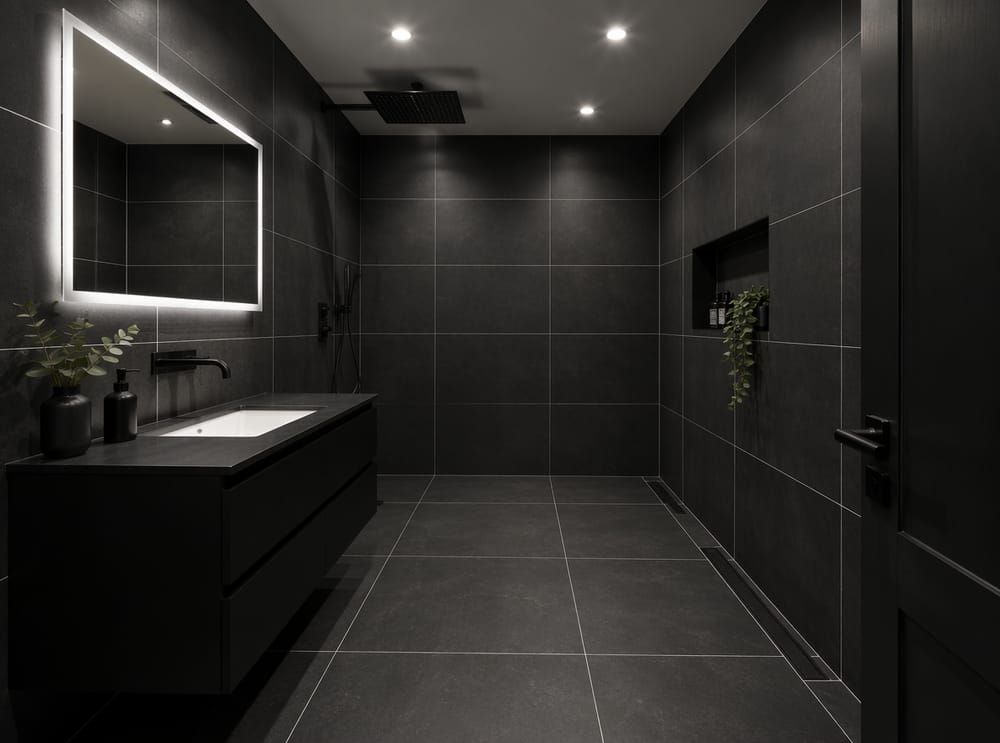 Piastrelle nere ovunque e lavabo bianco a contrasto