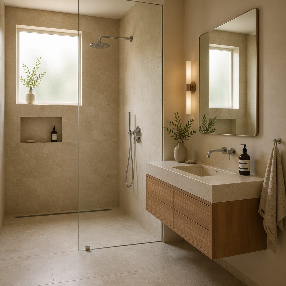 Parete in vetro divide doccia dalla zona lavabo