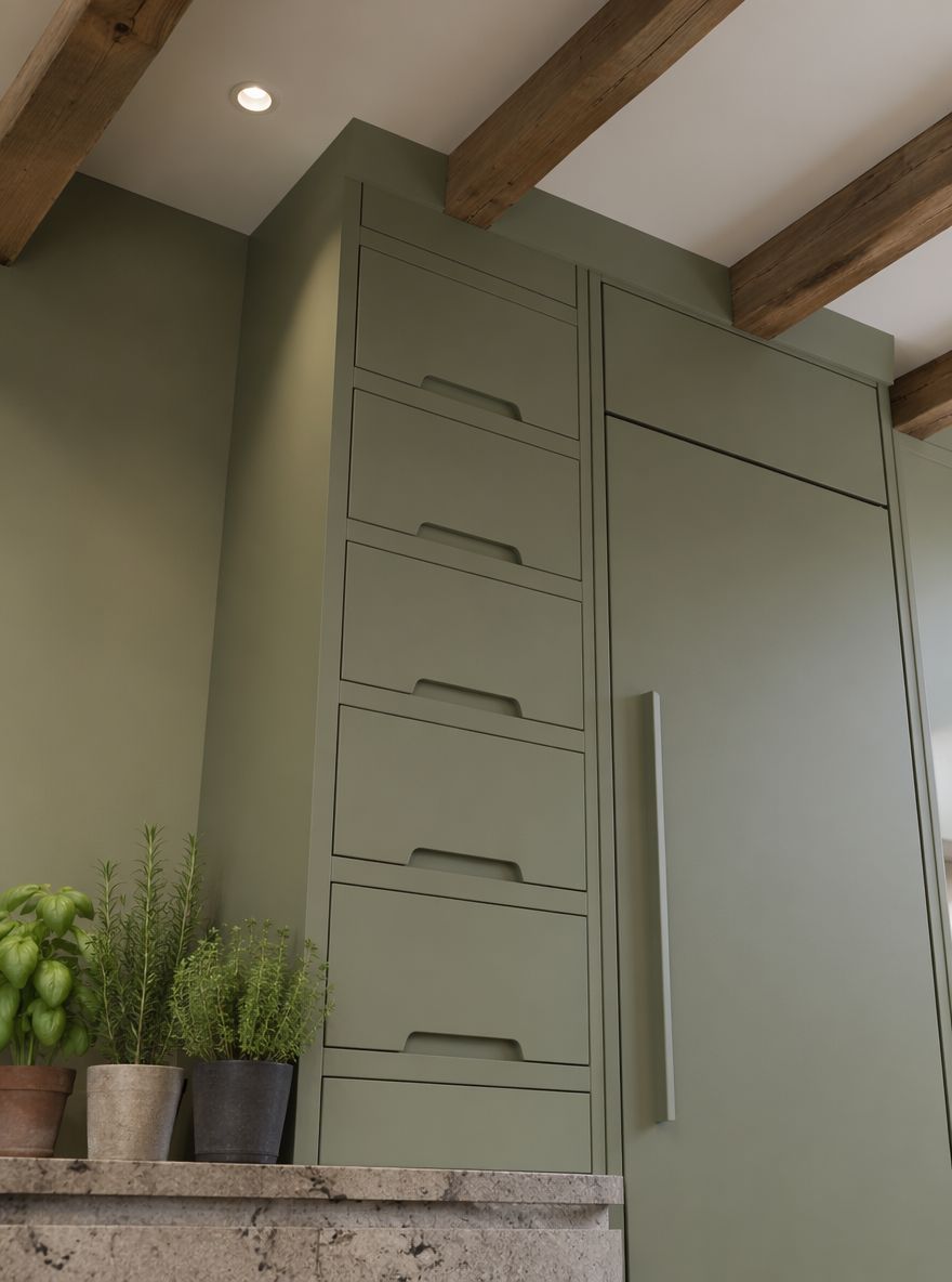 Cajones apilados junto a refrigerador con panel frontal