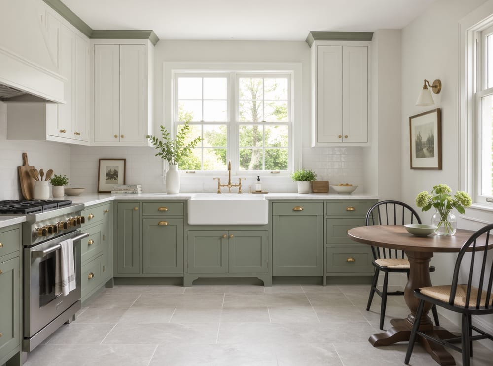 Gabinetes superiores blancos con moldura verde salvia y encimera de mármol Carrara