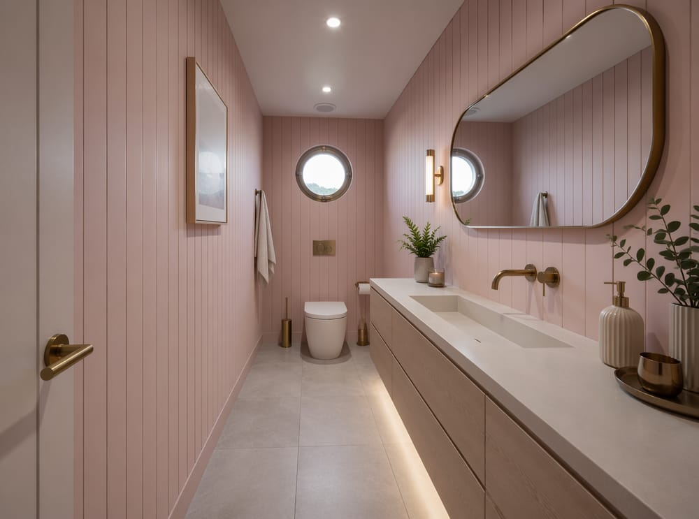 Baño tipo galera de listones rosa palo, espejo ovalado