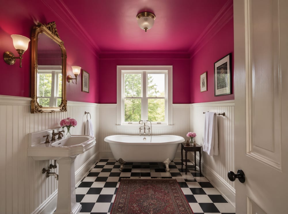 Techo fucsia sobre paneles blancos y bañera de patas