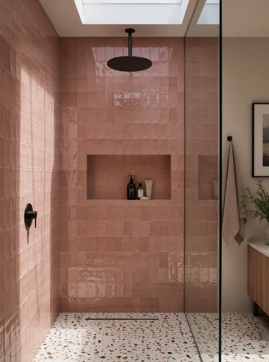 Pared de ducha zellige rosa empolvado con cabezal de lluvia en el techo
