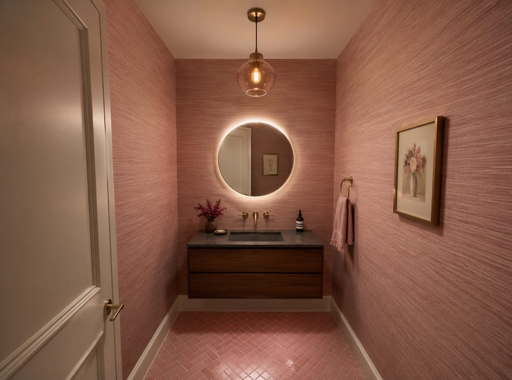 Aseo con papel tapiz tipo grasscloth rosa, piso de mosaico espina de pez