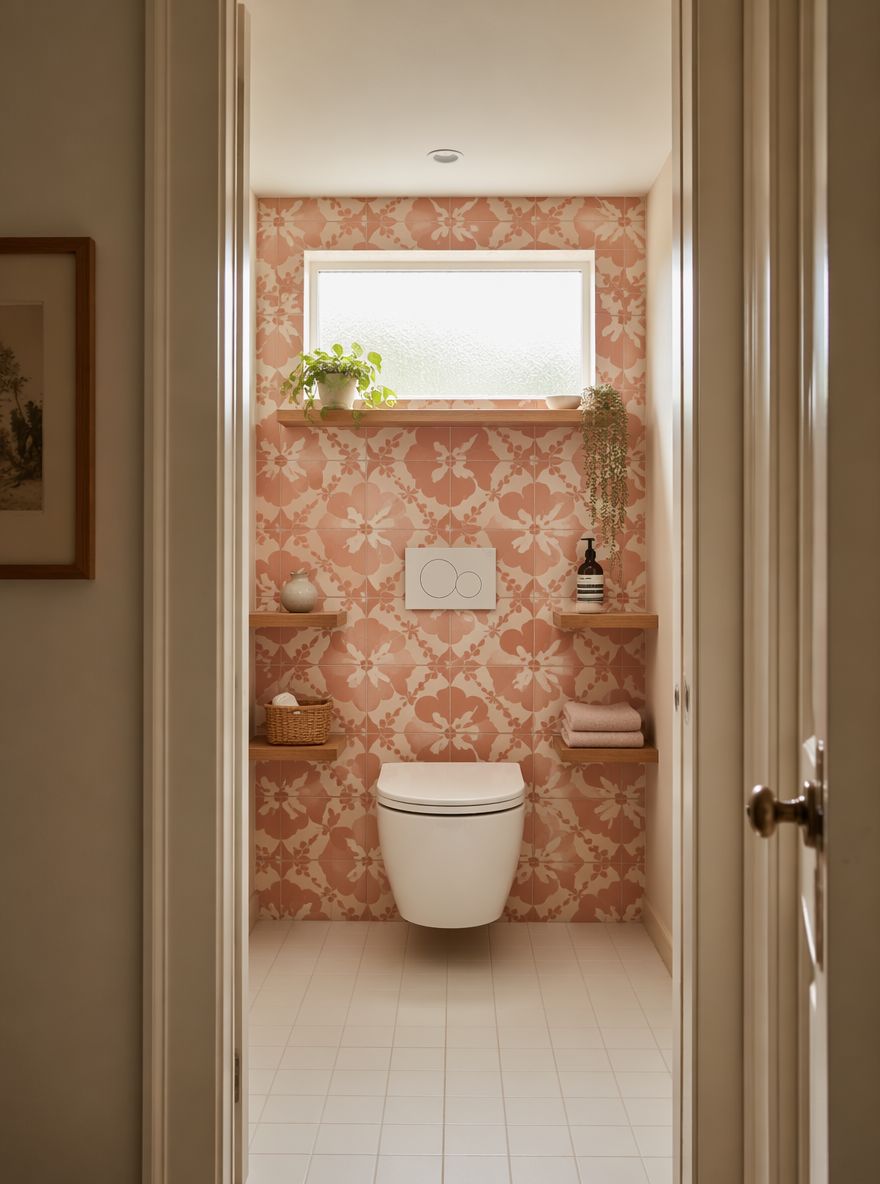 Azulejos rosa encaustic detrás del inodoro suspendido, estantes de roble