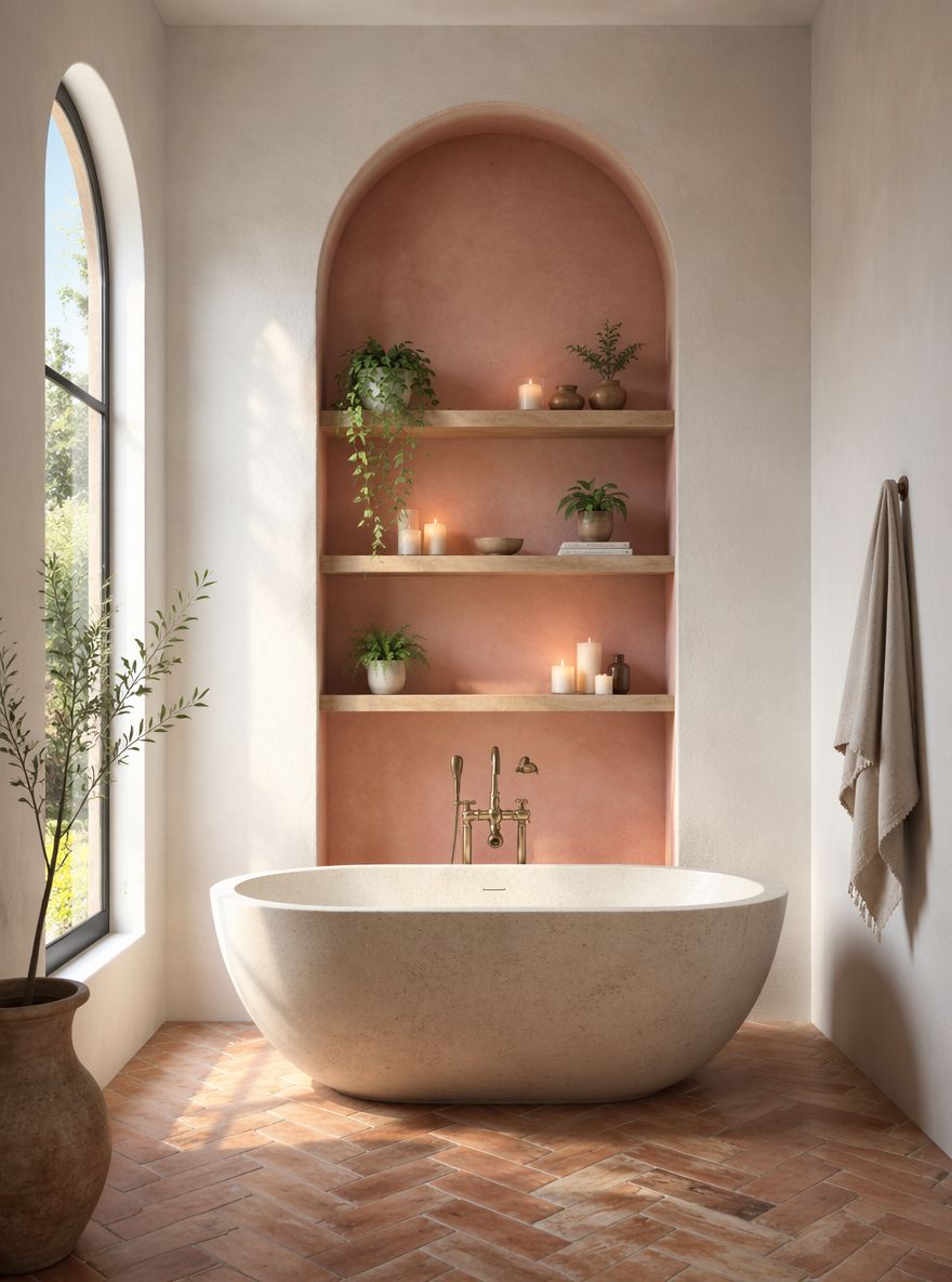 Arco pintado de rosa sobre bañera de resina de piedra
