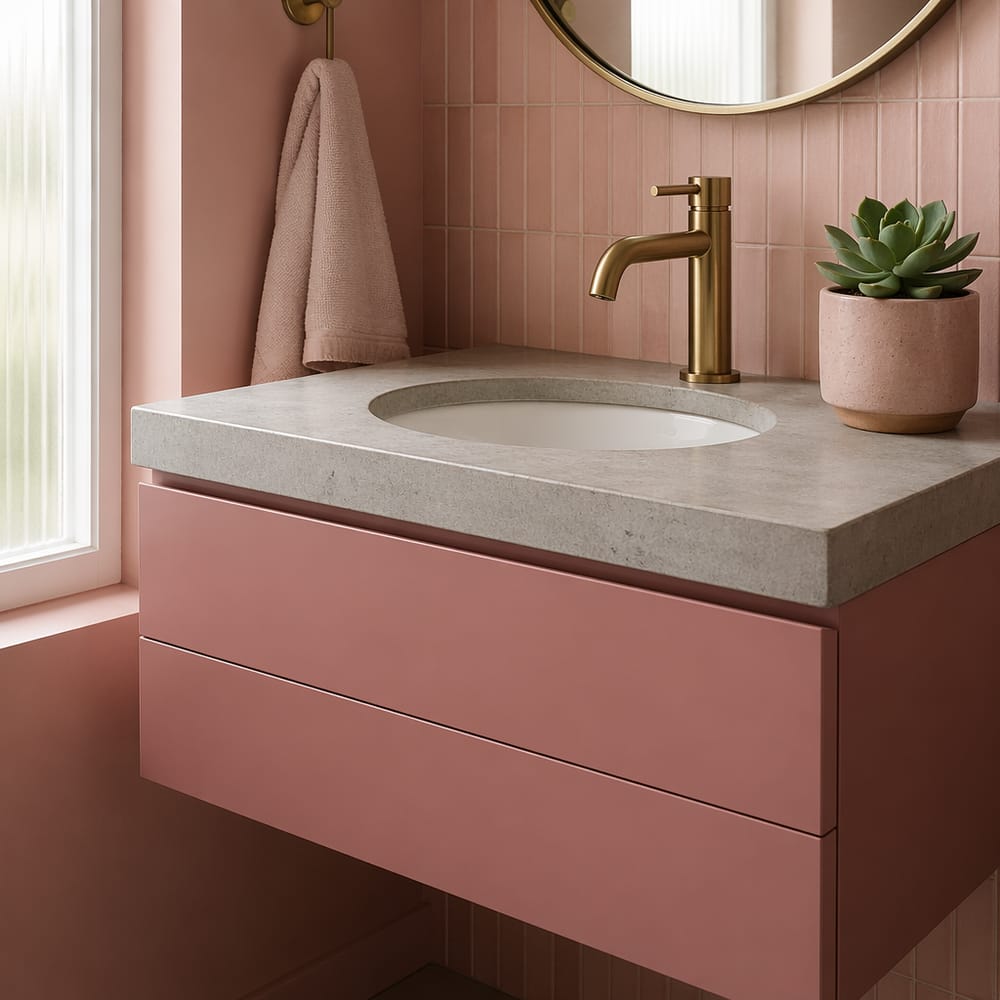 Mueble lacado rosa empolvado, cubierta de concreto, grifo de latón