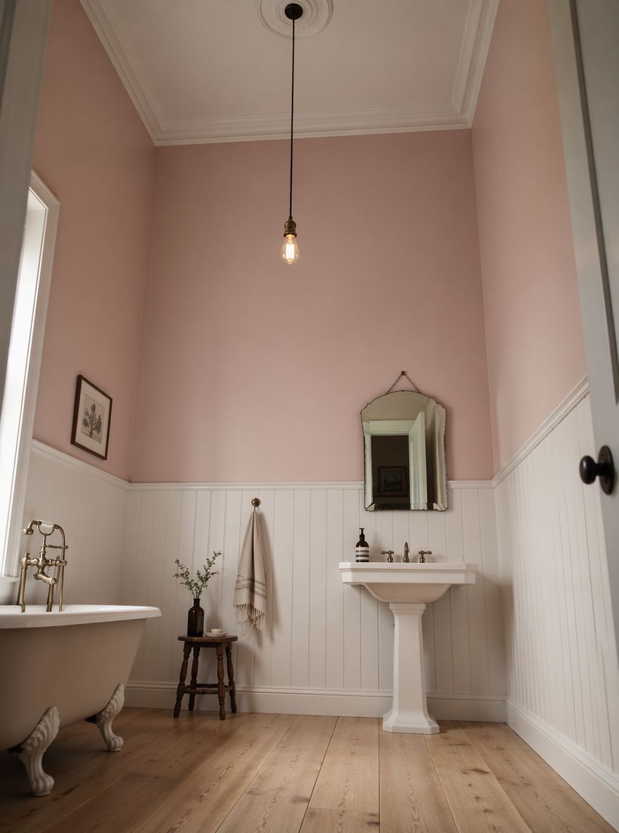 Paredes superiores rosa palo, lavabo pedestal, lámpara tipo Edison
