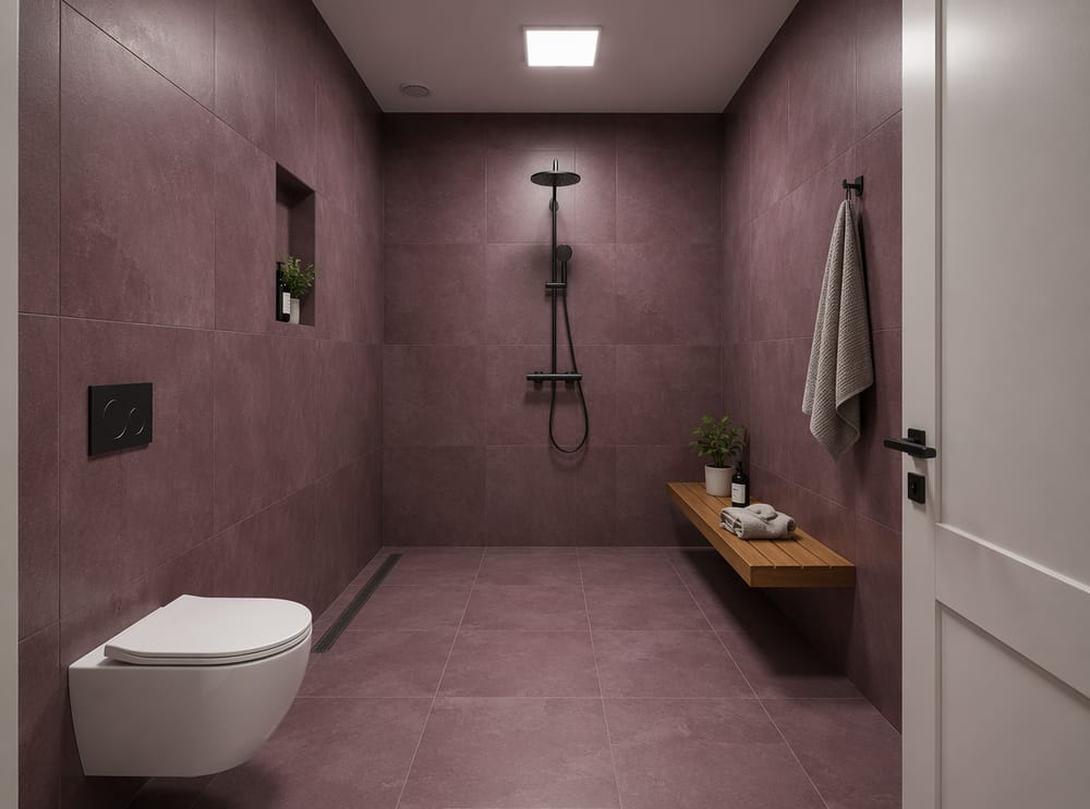 Zona de baño malva profundo, banco de teca, grifería negro mate