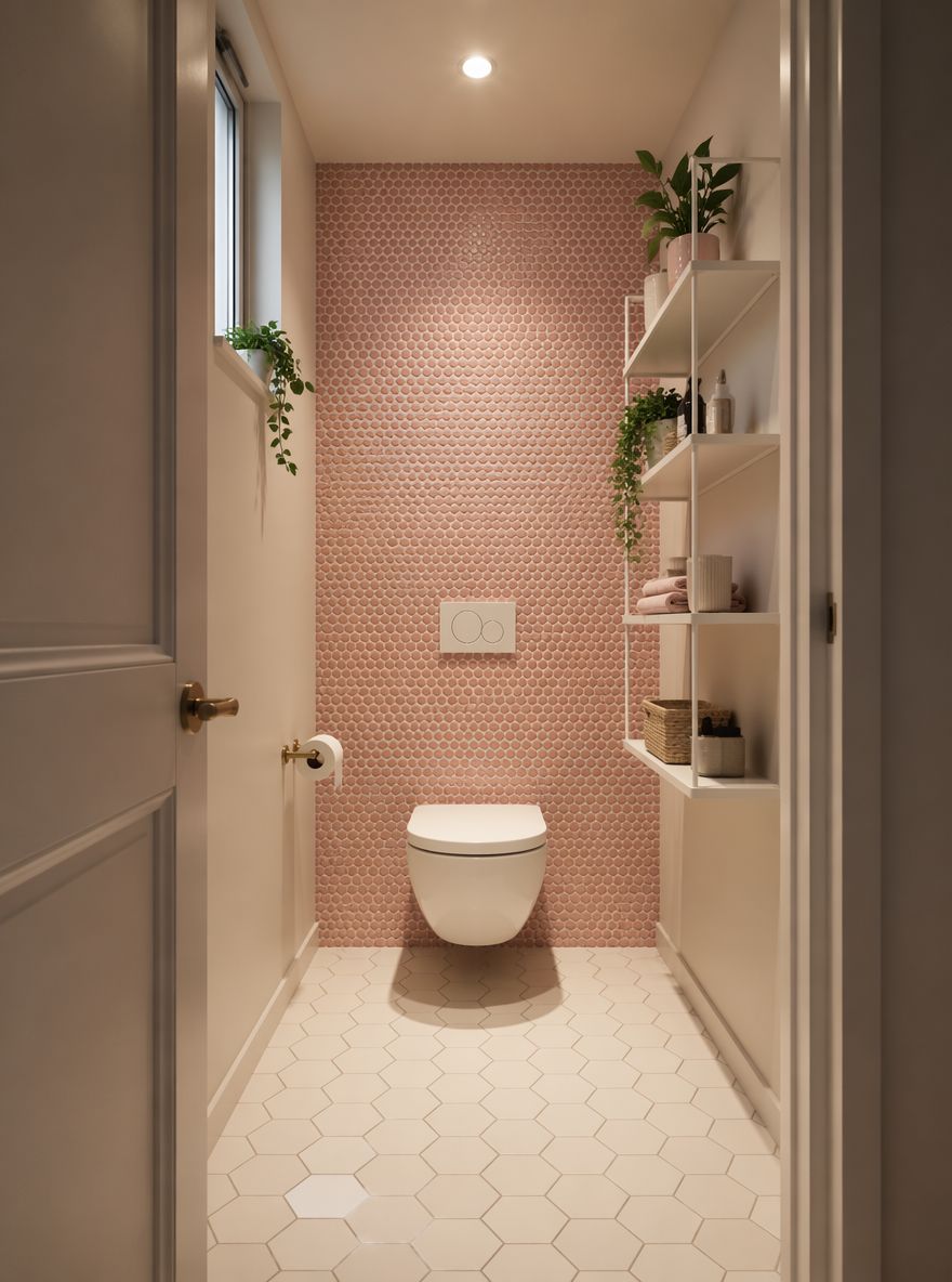 Pared trasera de mosaico rosa tipo penny-round, inodoro suspendido
