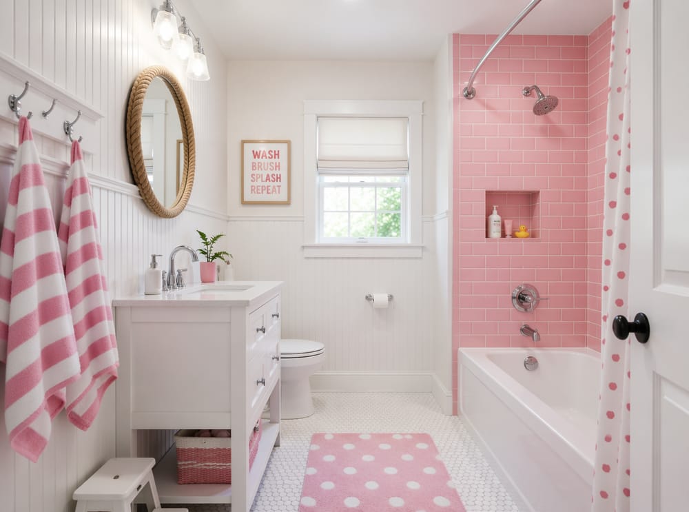 Azulejos tipo metro rosa caramelo en bañera-ducha infantil