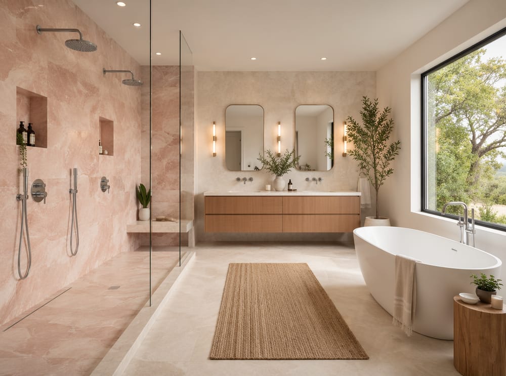 Ducha de piedra rosa palo, bañera exenta junto a ventana panorámica