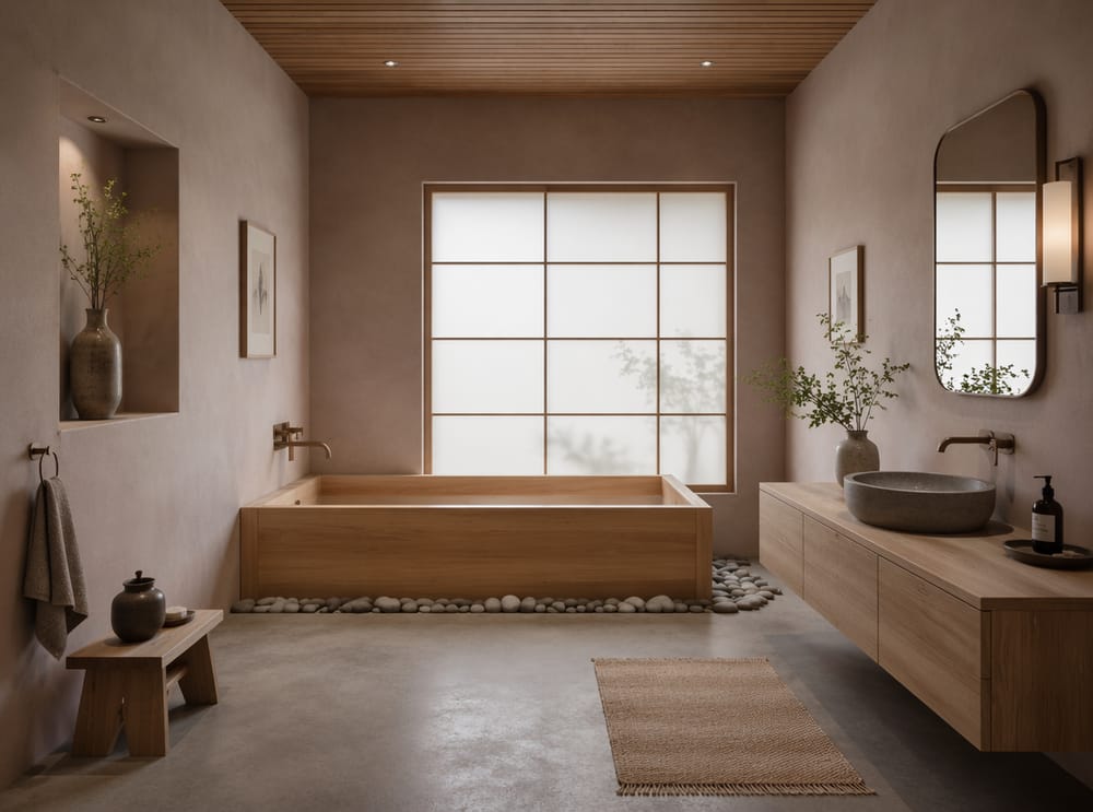 Baño Japandi de yeso rosa palo, bañera integrada para remojar