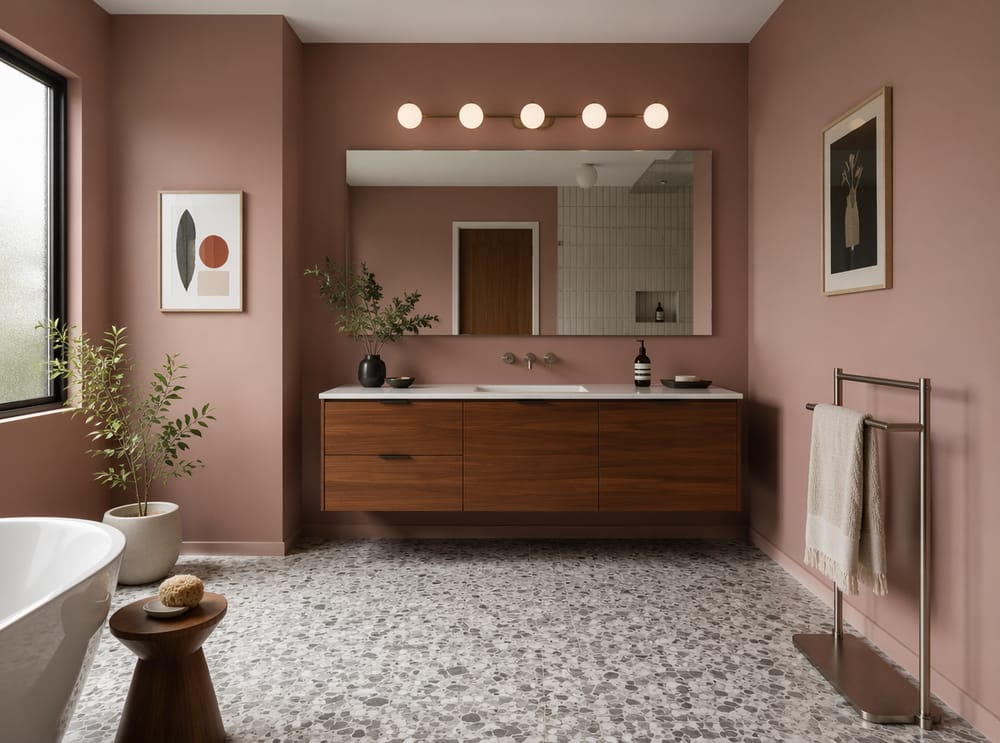 Paredes rosa empolvado, mueble de nogal, barra de luces tipo globo