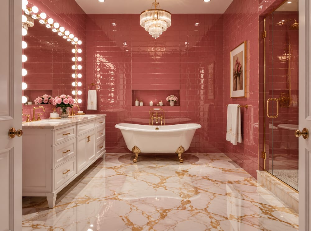 Azulejos rose profundos brillantes, bañera pedestal de oro