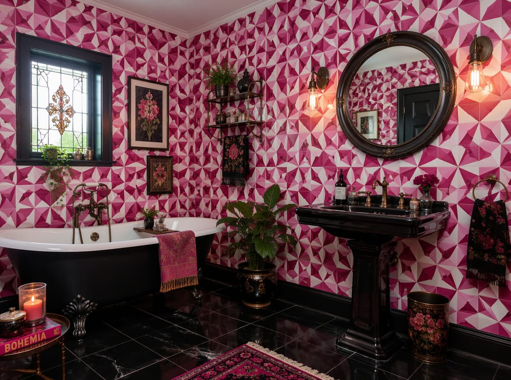 Azulejos geométricos encaustic fucsia, lavabo pedestal negro