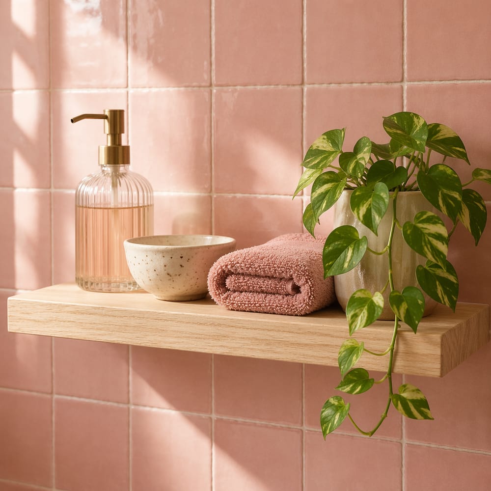 Vignette de estante de roble sobre pared de azulejos rosa palo