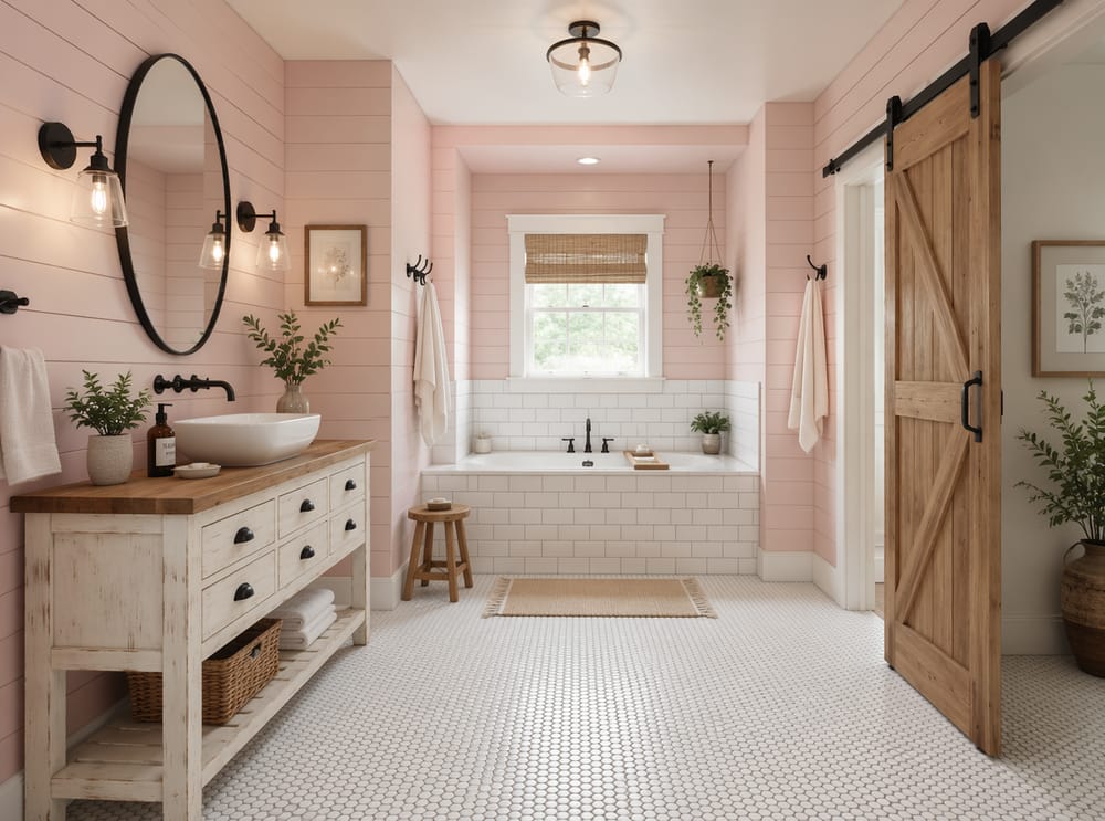 Baño farmhouse de lamas rosa palo, puerta de granero