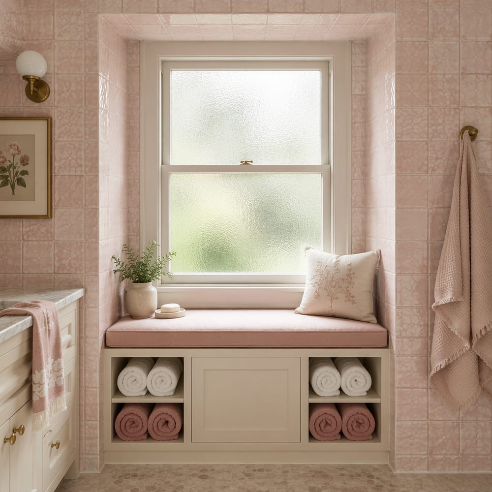 Asiento de ventana con cojín rosa palo, azulejos con acabado craquelado