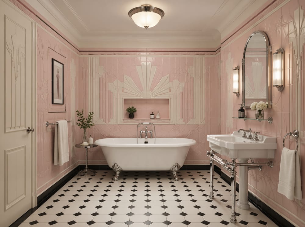 Azulejos relieve art deco, bañera de patas cromada