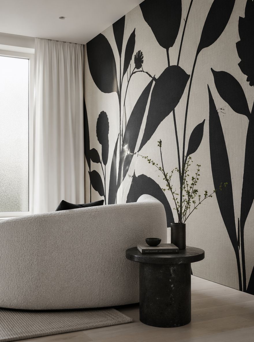 Buet hvit sofa vendt mot vegg med botanisk tapet