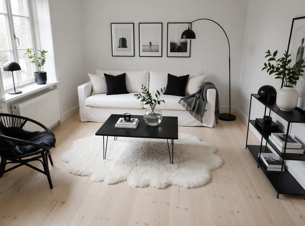Hvit linnsofa under tre sorte innrammede bilder