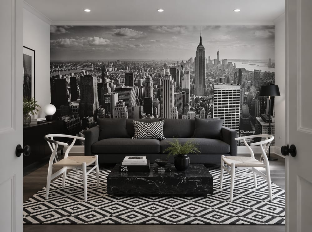 Kullgrå sofa foran vegg med svart-hvitt skyline-motiv