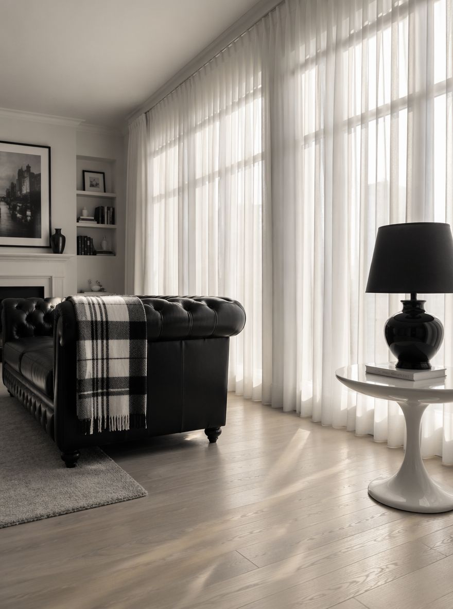 Sort skinnchesterfield ved bakbelyst hvit gardinvegg