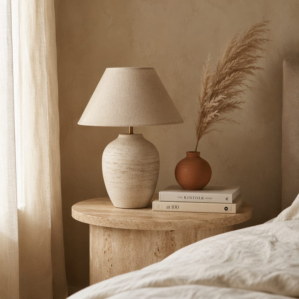 Stolik nocny z trawertynu, ceramiczna lampa, trawa pampasowa