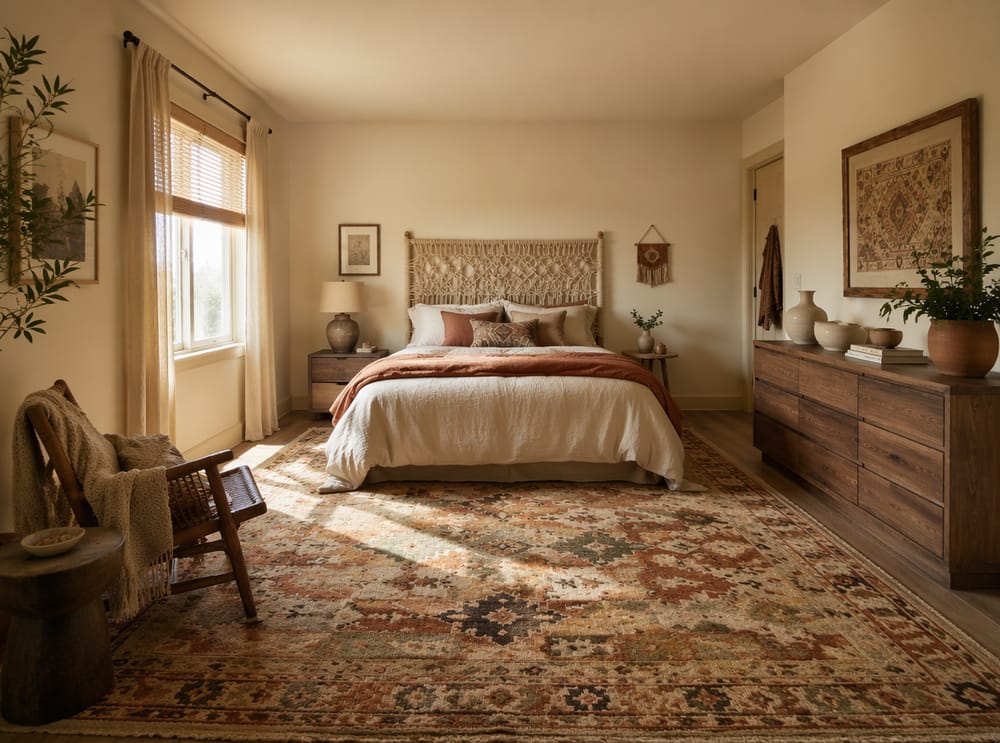 Plecione makramowe wezgłowie, pod stopami kilim vintage