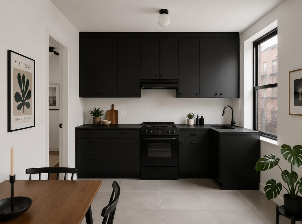 Cocina negra en una sola pared, techo y muros blancos