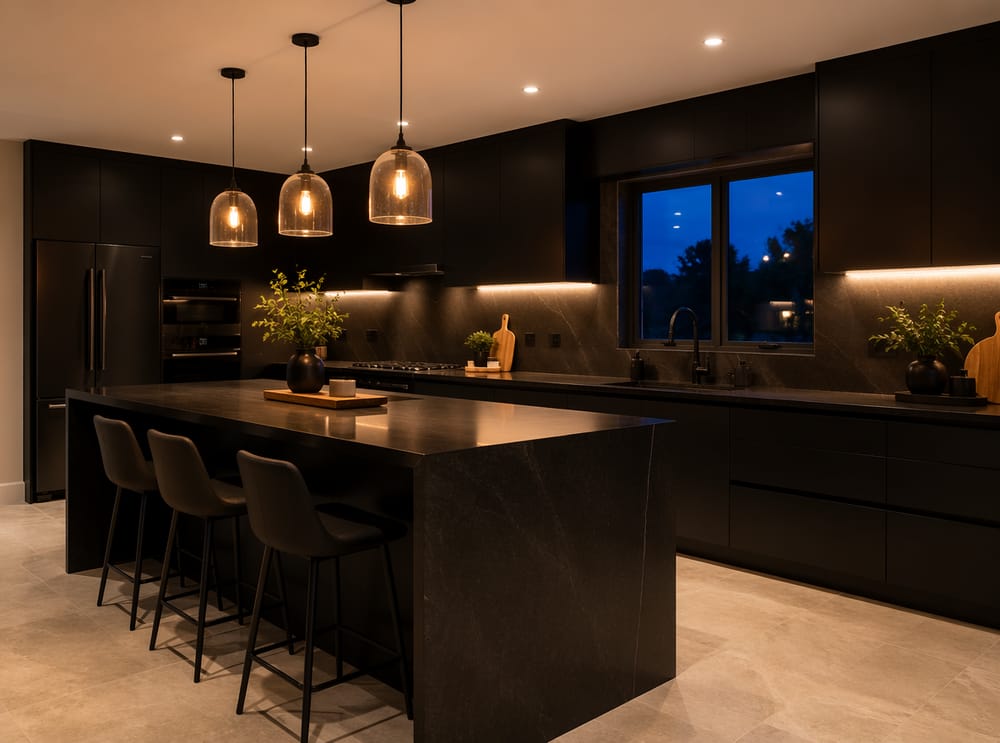 Cocina nocturna con iluminación artificial cálida