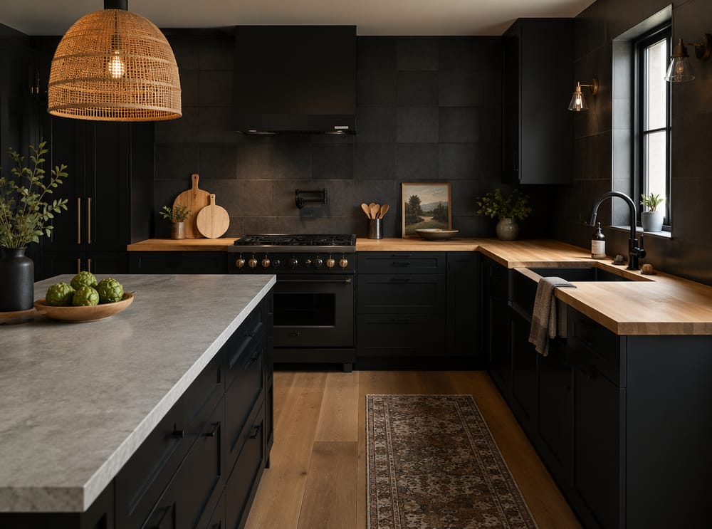 Salpicadero de azulejos negros y encimera de madera de carnicero en contraste