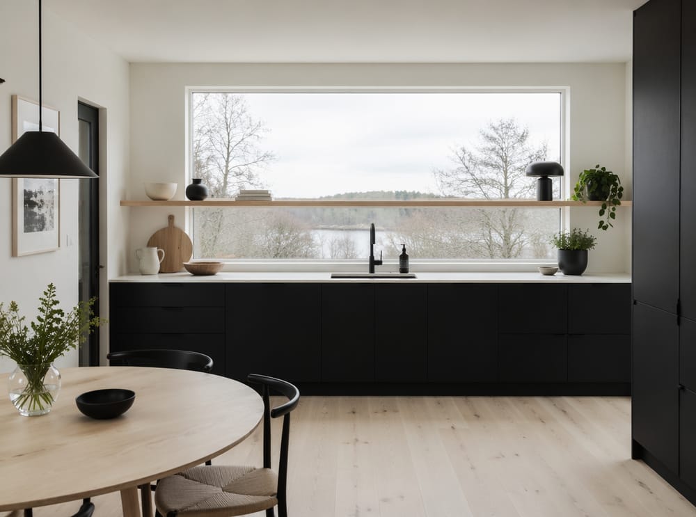 Cocina escandinava negra, madera clara y muros blancos