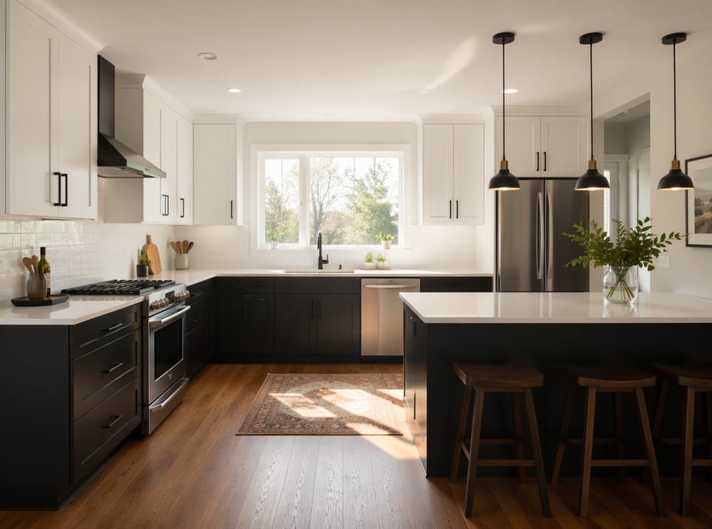 Muebles bajos negros, altos blancos, diseño con península