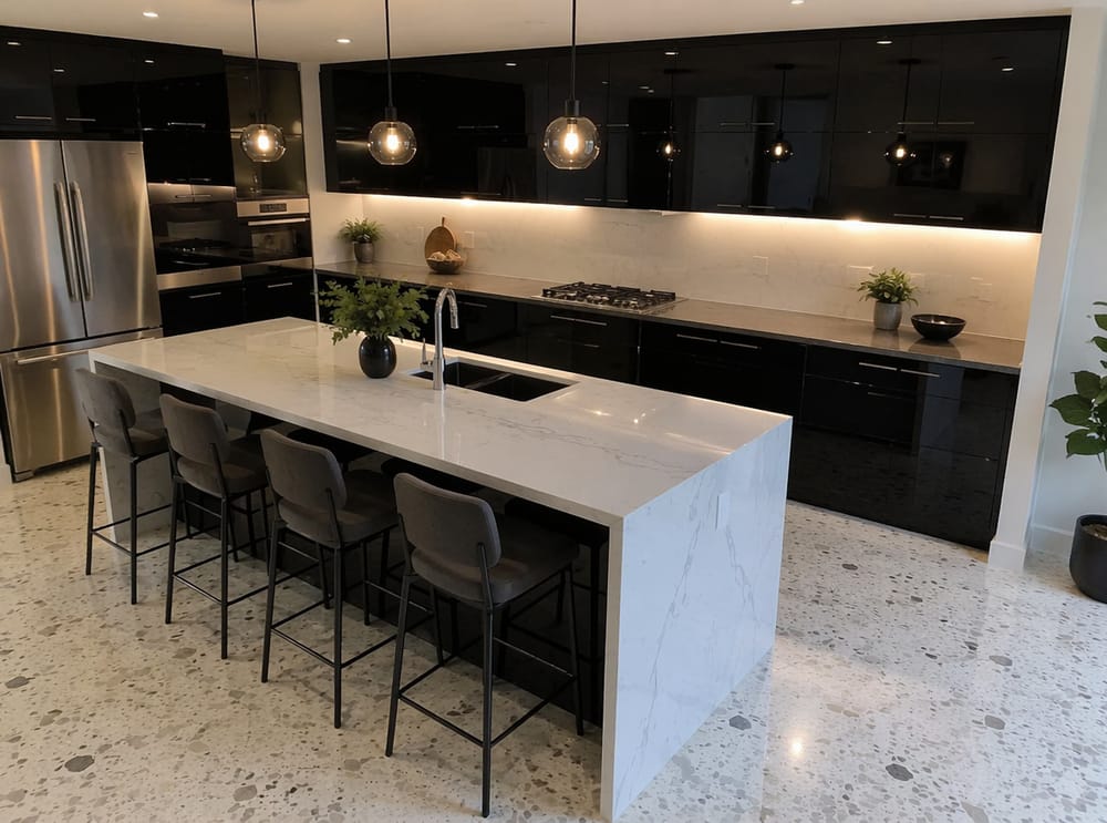 Armarios negros brillantes con luz bajo los muebles