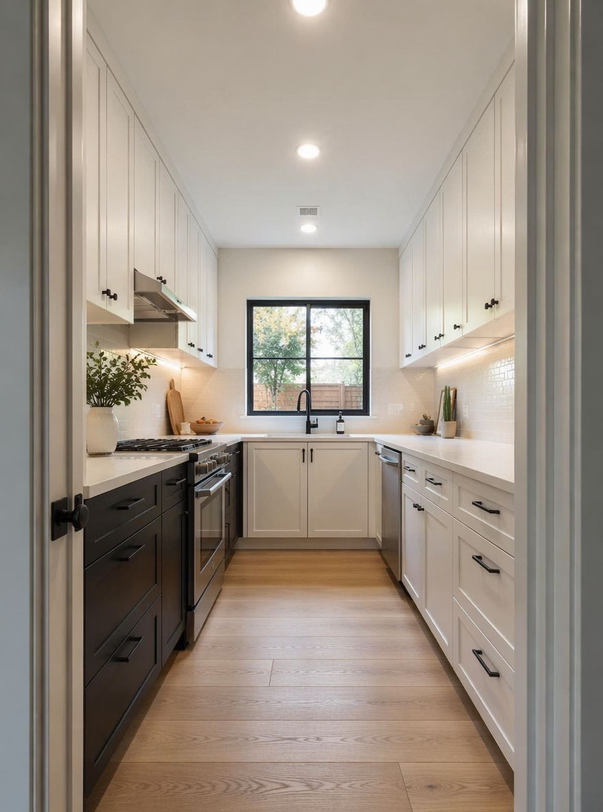 Cocina asimétrica, muebles bajos en negro y blanco