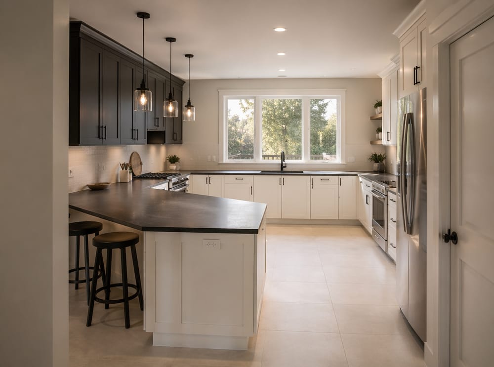 Muebles altos negros en la pared izquierda, bajos blancos en toda la cocina