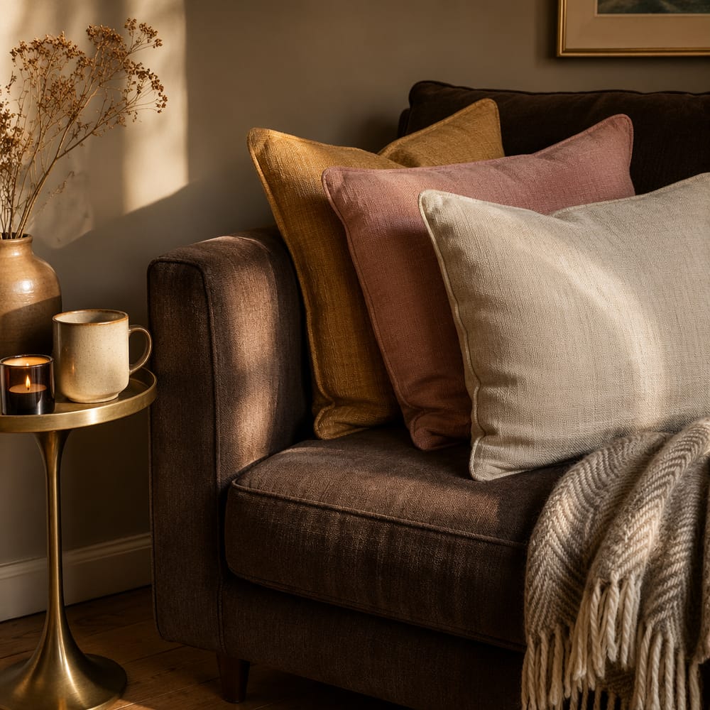 Cuscini sovrapposti su angolo di divano marrone scuro