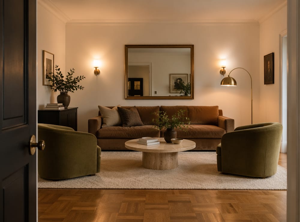 Divano in suede marrone sotto grande specchio con cornice