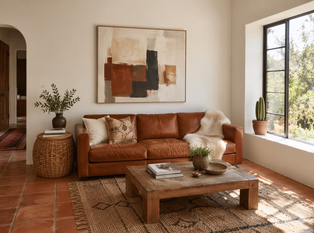Divano in pelle cognac con plaid di montone, pavimento in terracotta