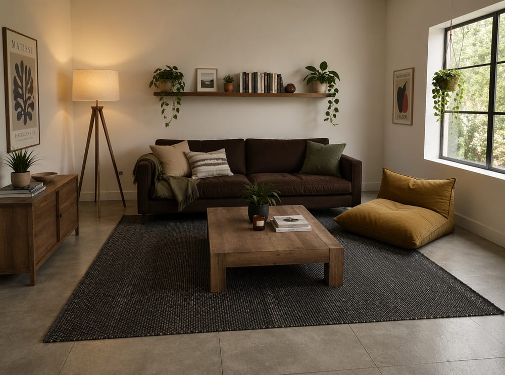 Divano scuro con mensola per piante sospesa, cuscino a terra decorativo